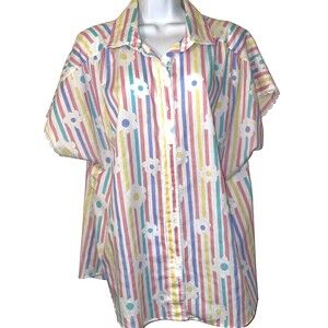 Vintage 80s Plus Size 20W Button Up Pastel Stripe Daisy Print Short Sleeve Shirt